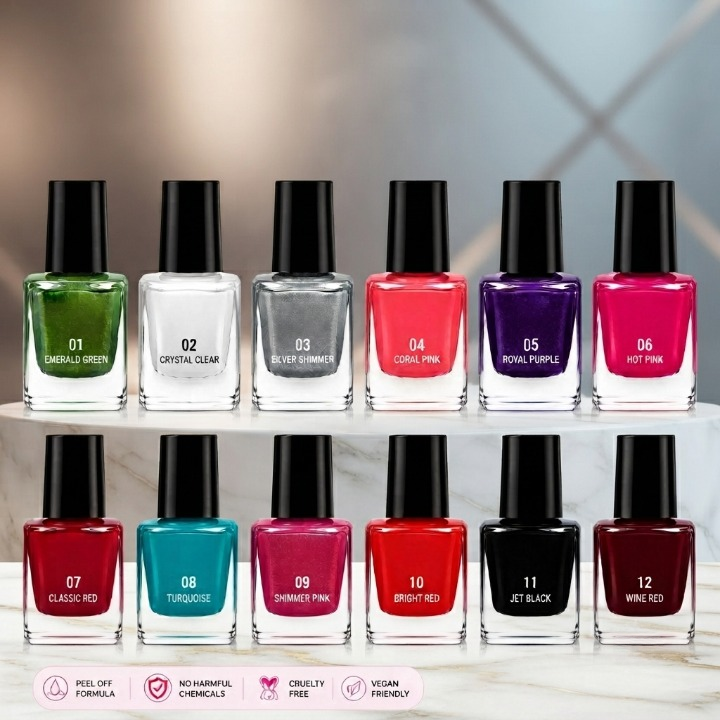 Afraz Pack of 12 Peel-Off Nail Polish Set – Vibrant Colors & Easy Removal Cosmetic Kit