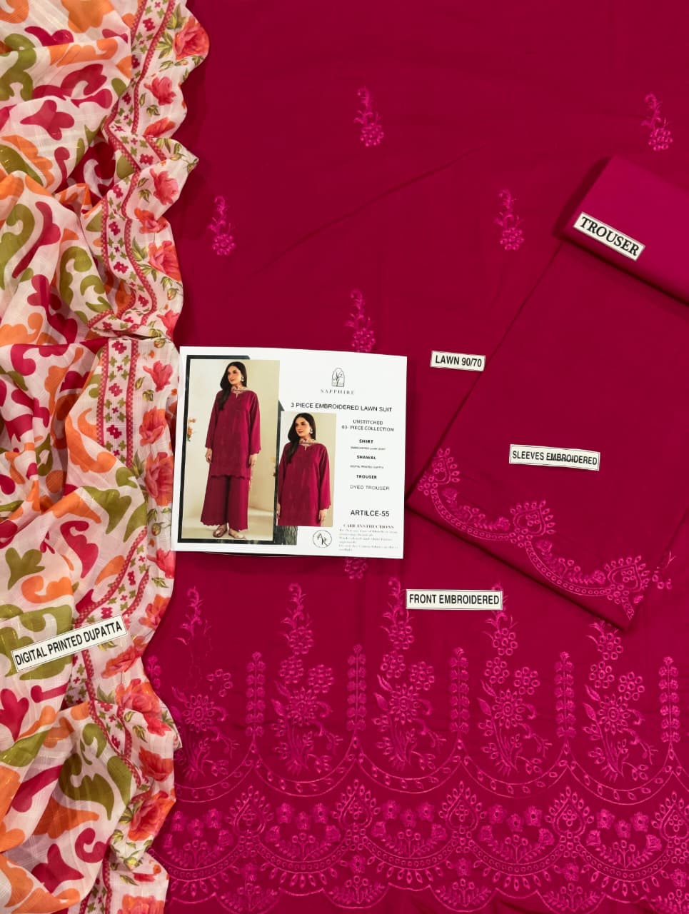 Afraz Premium 3-Piece Embroidered Sapphire Airjet Lawn Suit with Printed Diamond Dupatta