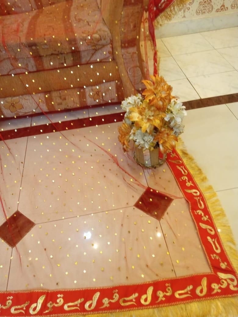 Signature Red Bridal Nikkah Dupatta with Velvet "Qabool Hai" Embroidery & Kiran Lace
