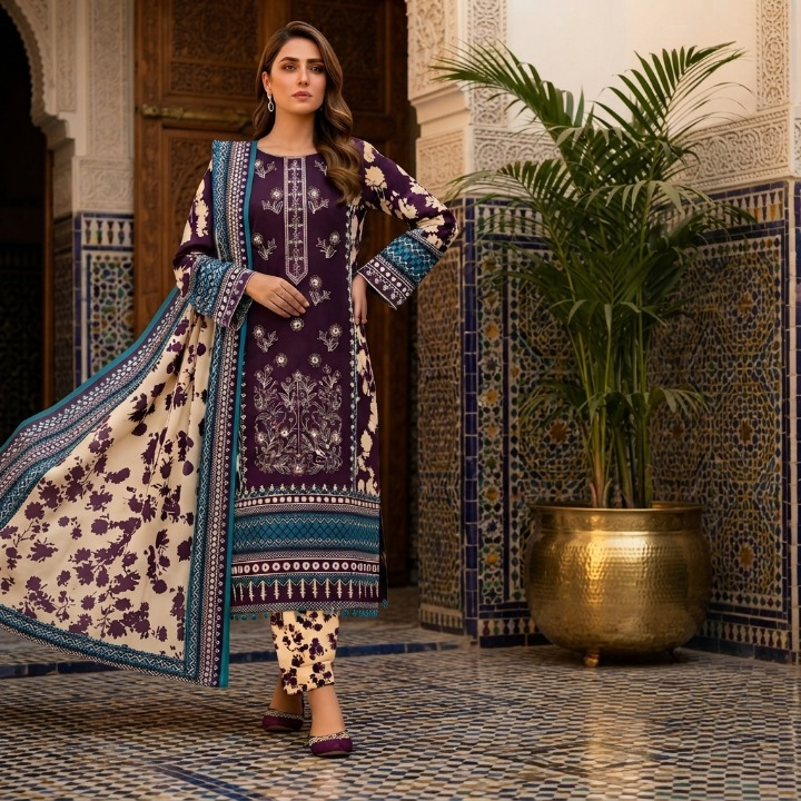 Signature Printed 3-Piece Unstitched Lawn Suit with Matching Dupatta & Trouser