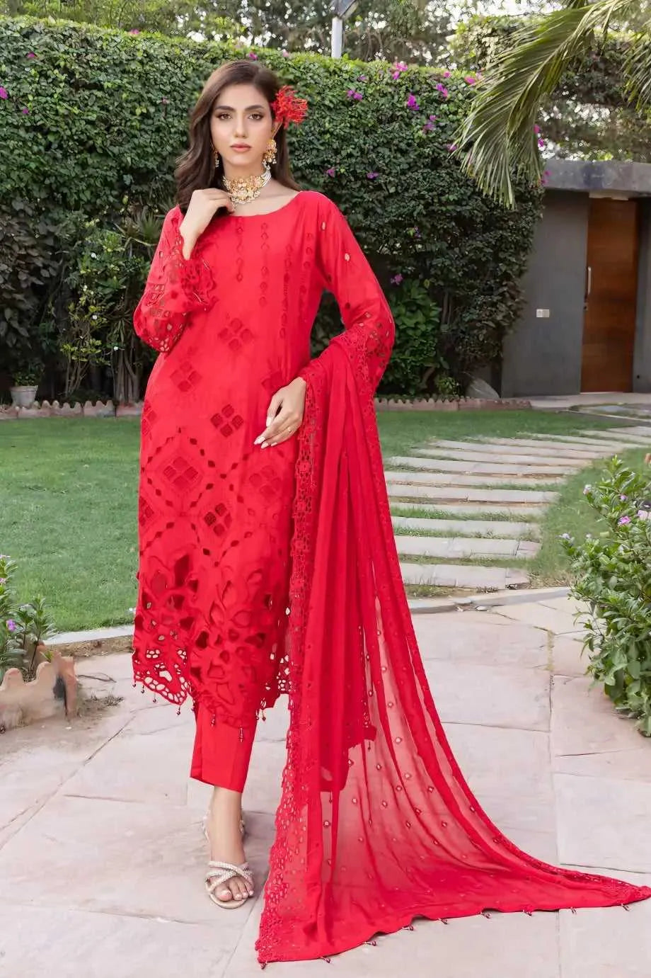 3 PIECE | Lawn/Schiffli Shirt | Lawn Trousers | Schiffli Chiken Pure Dupatta | AFRAZ