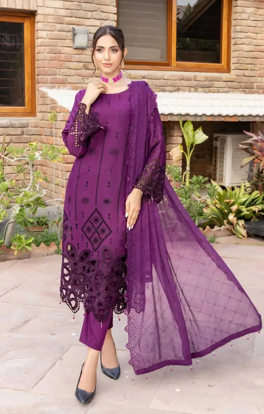 3 PIECE | Lawn/Schiffli Shirt | Lawn Trousers | Schiffli Chiken Pure Dupatta | AFRAZ