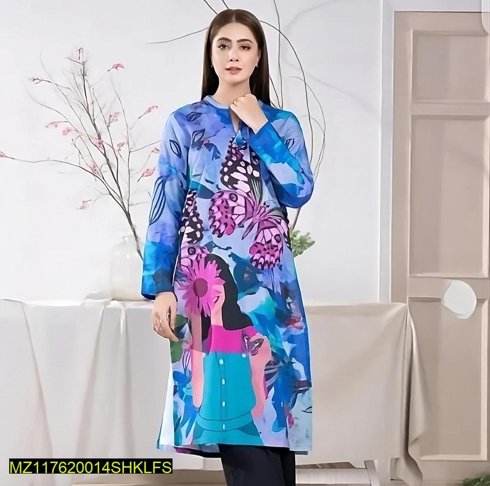 1PC Printed Swiss Lawn Shirt – Butterfly Floral Design | Multicoloured Women Outfit
