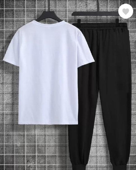 Unisex White & Black Printed Track Suit 3 Pcs – T-Shirt + Trouser Set