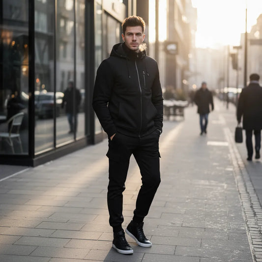 Man wearing the AFRAZ Perfect Winter Track Suit in an urban setting