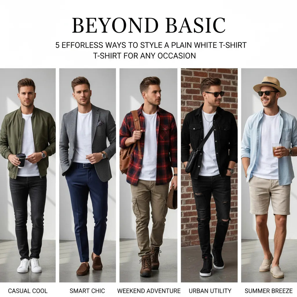 Man demonstrating 5 ways to style a plain white t-shirt from AFRAZ