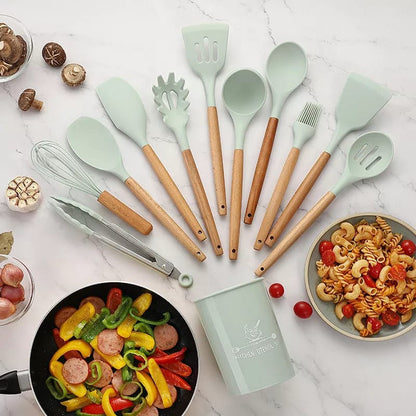 Afraz Premium 12-Pcs Silicone Kitchen Utensils Set with Wooden Handles – Non-Stick Heat-Resistant Cookware Cooking Tools with Holder