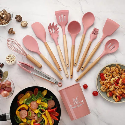 Afraz Premium 12-Pcs Silicone Kitchen Utensils Set with Wooden Handles – Non-Stick Heat-Resistant Cookware Cooking Tools with Holder