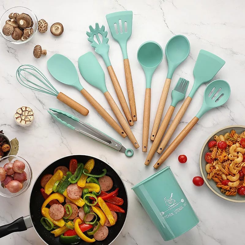 Afraz Premium 12-Pcs Silicone Kitchen Utensils Set with Wooden Handles – Non-Stick Heat-Resistant Cookware Cooking Tools with Holder