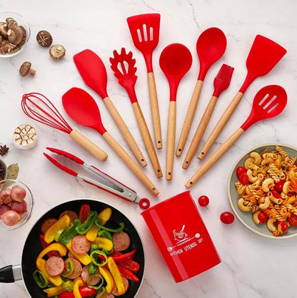 Afraz Premium 12-Pcs Silicone Kitchen Utensils Set with Wooden Handles – Non-Stick Heat-Resistant Cookware Cooking Tools with Holder