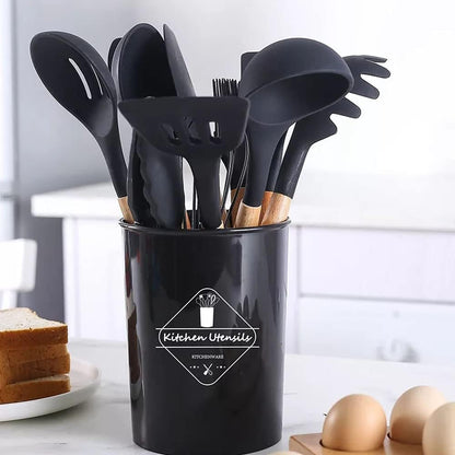 Afraz Premium 12-Pcs Silicone Kitchen Utensils Set with Wooden Handles – Non-Stick Heat-Resistant Cookware Cooking Tools with Holder