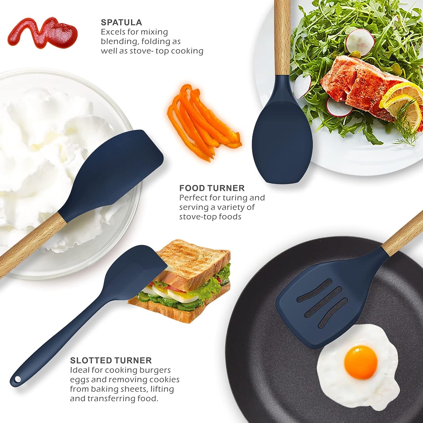 Afraz Premium 12-Pcs Silicone Kitchen Utensils Set with Wooden Handles – Non-Stick Heat-Resistant Cookware Cooking Tools with Holder