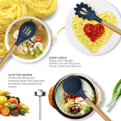 Afraz Premium 12-Pcs Silicone Kitchen Utensils Set with Wooden Handles – Non-Stick Heat-Resistant Cookware Cooking Tools with Holder