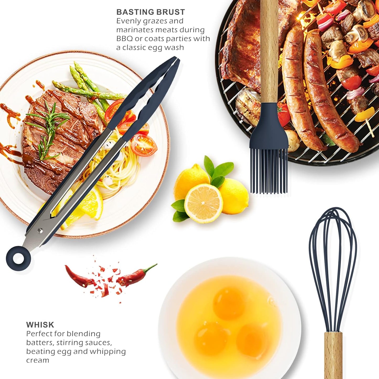 Afraz Premium 12-Pcs Silicone Kitchen Utensils Set with Wooden Handles – Non-Stick Heat-Resistant Cookware Cooking Tools with Holder