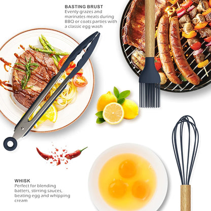 Afraz Premium 12-Pcs Silicone Kitchen Utensils Set with Wooden Handles – Non-Stick Heat-Resistant Cookware Cooking Tools with Holder