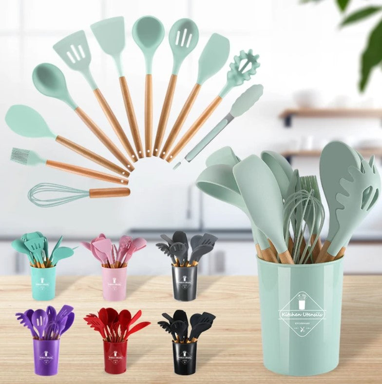 Afraz Premium 12-Pcs Silicone Kitchen Utensils Set with Wooden Handles – Non-Stick Heat-Resistant Cookware Cooking Tools with Holder