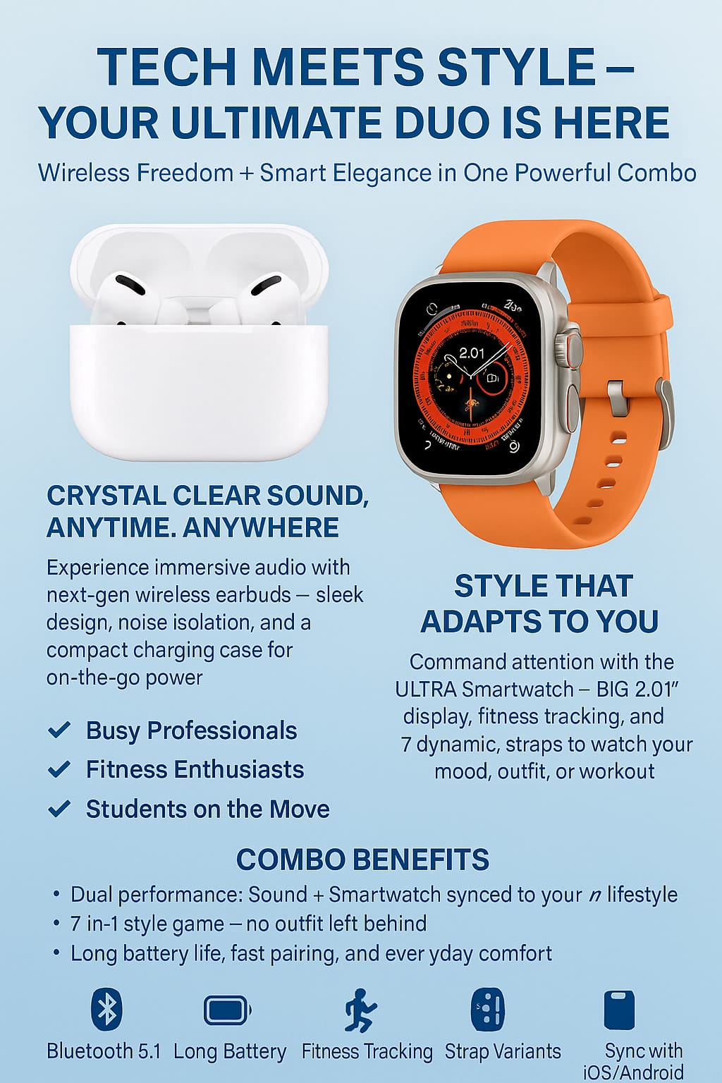 Afraz AirPods Pro 2 + Ultra 7-in-1 Smartwatch Combo | Premium Sound & Style Deal