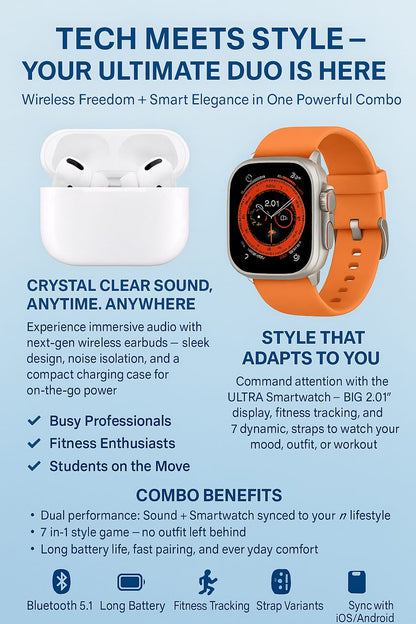 Afraz AirPods Pro 2 + Ultra 7-in-1 Smartwatch Combo | Premium Sound & Style Deal
