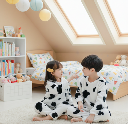 Afraz Premium Ultra-Soft Fleece Kids Cow Print Pajamas — Plush Flannel Winter Loungewear Set for Boys & Girls