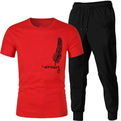Afraz Men’s Premium Printed Tracksuit – Half-Sleeve French Fleece T-Shirt & Trouser Set (Black & Red)