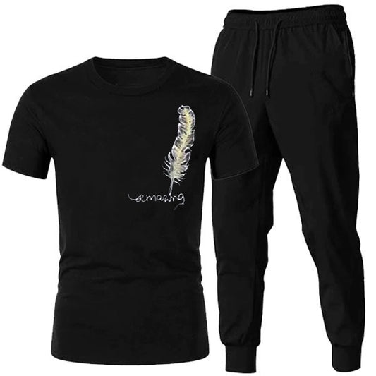Afraz Men’s Premium Printed Tracksuit – Half-Sleeve French Fleece T-Shirt & Trouser Set (Black & Red)