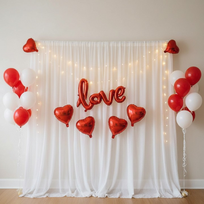 Afraz Premium 32 Pcs Romantic Tent Decoration Set for Bedroom – Red & White Balloons Garland Kit with Foil Hearts, Fairy LED Lights & White Curtain Backdrop for Anniversary & Proposal