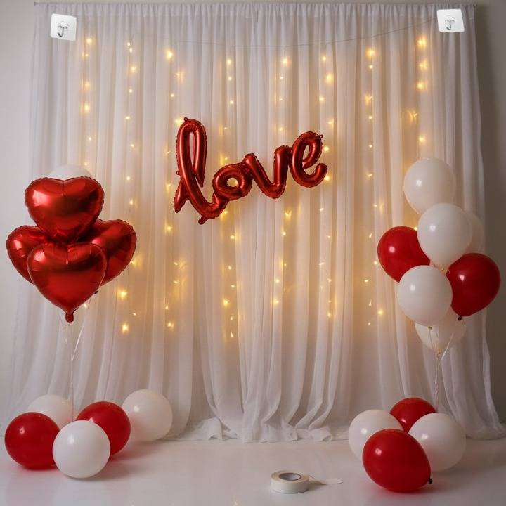 Afraz Premium 32 Pcs Romantic Tent Decoration Set for Bedroom – Red & White Balloons Garland Kit with Foil Hearts, Fairy LED Lights & White Curtain Backdrop for Anniversary & Proposal
