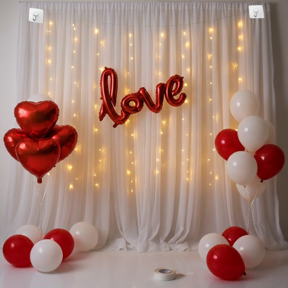 Afraz Premium 32 Pcs Romantic Tent Decoration Set for Bedroom – Red & White Balloons Garland Kit with Foil Hearts, Fairy LED Lights & White Curtain Backdrop for Anniversary & Proposal