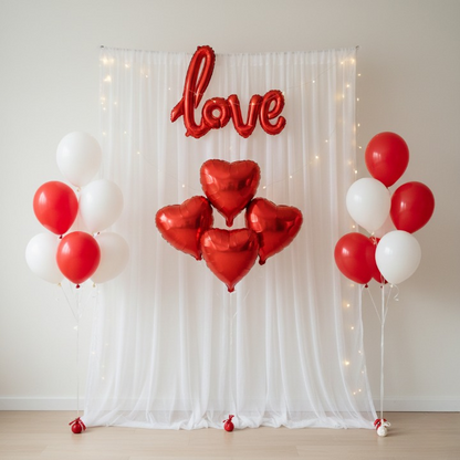 Afraz Premium 32 Pcs Romantic Tent Decoration Set for Bedroom – Red & White Balloons Garland Kit with Foil Hearts, Fairy LED Lights & White Curtain Backdrop for Anniversary & Proposal