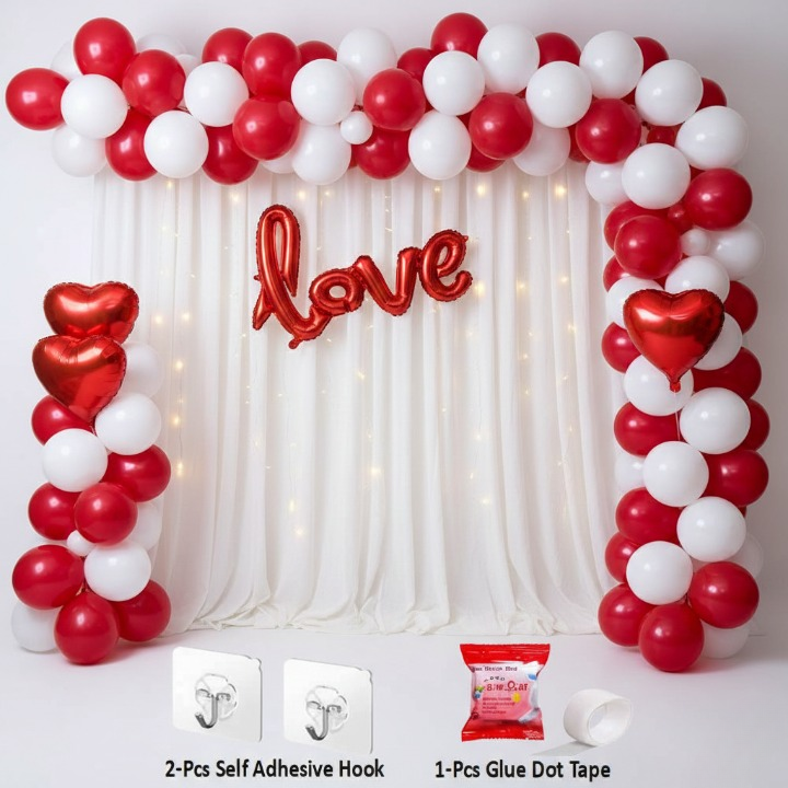 Afraz Premium 32 Pcs Romantic Tent Decoration Set for Bedroom – Red & White Balloons Garland Kit with Foil Hearts, Fairy LED Lights & White Curtain Backdrop for Anniversary & Proposal