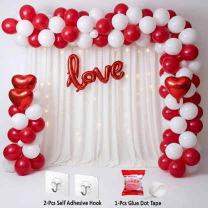 Afraz Premium 32 Pcs Romantic Tent Decoration Set for Bedroom – Red & White Balloons Garland Kit with Foil Hearts, Fairy LED Lights & White Curtain Backdrop for Anniversary & Proposal