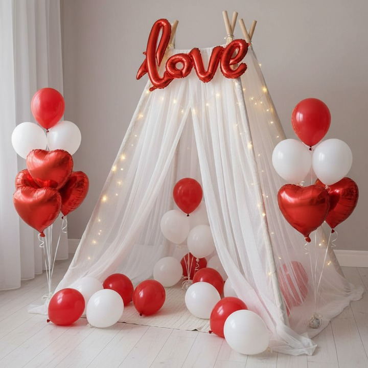 Afraz Premium 32 Pcs Romantic Tent Decoration Set for Bedroom – Red & White Balloons Garland Kit with Foil Hearts, Fairy LED Lights & White Curtain Backdrop for Anniversary & Proposal