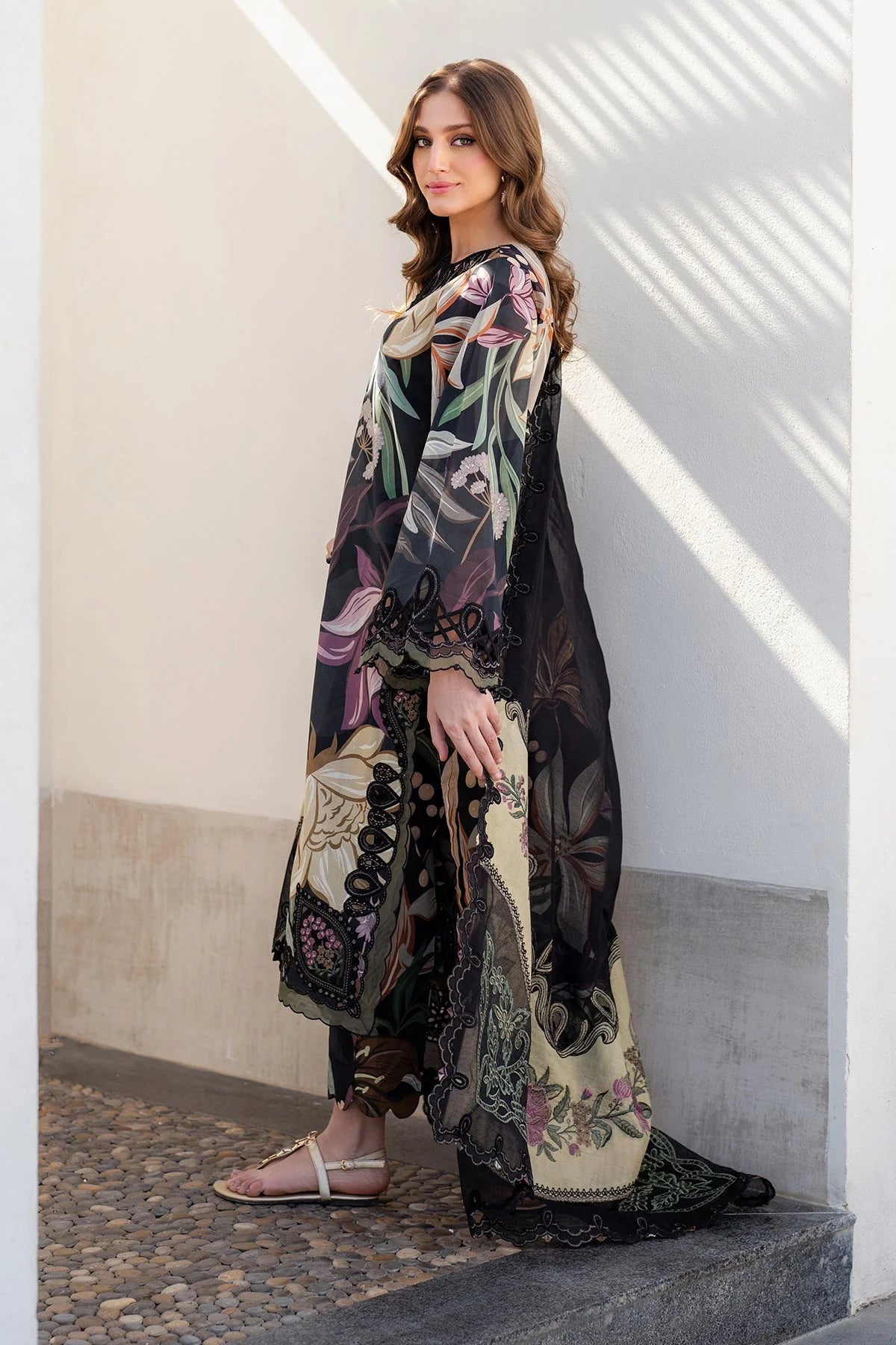 Afraz Premium 3-Piece Unstitched All-Over Printed Black Lawn Dress with Chiffon Dupatta