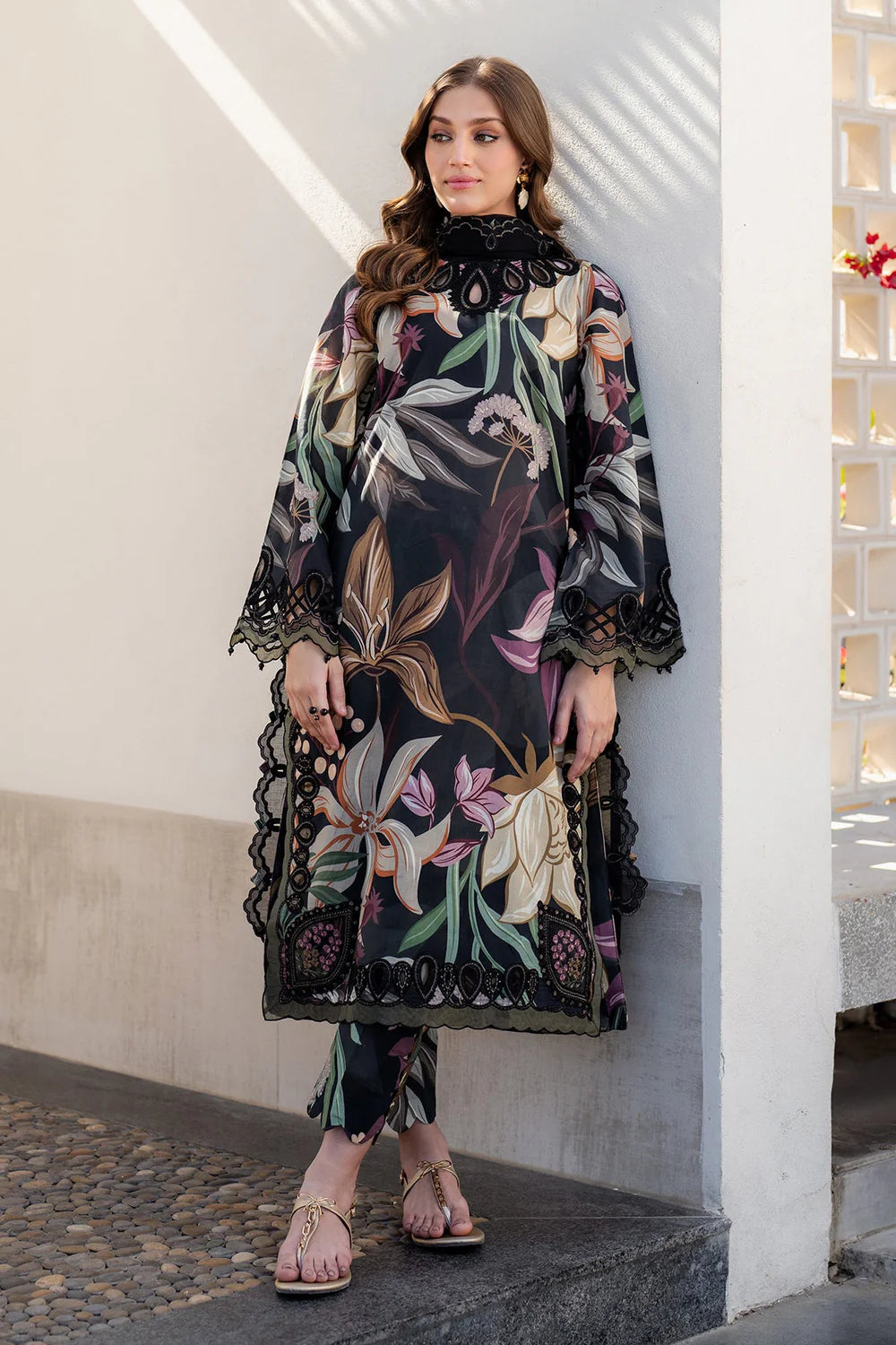Afraz Premium 3-Piece Unstitched All-Over Printed Black Lawn Dress with Chiffon Dupatta