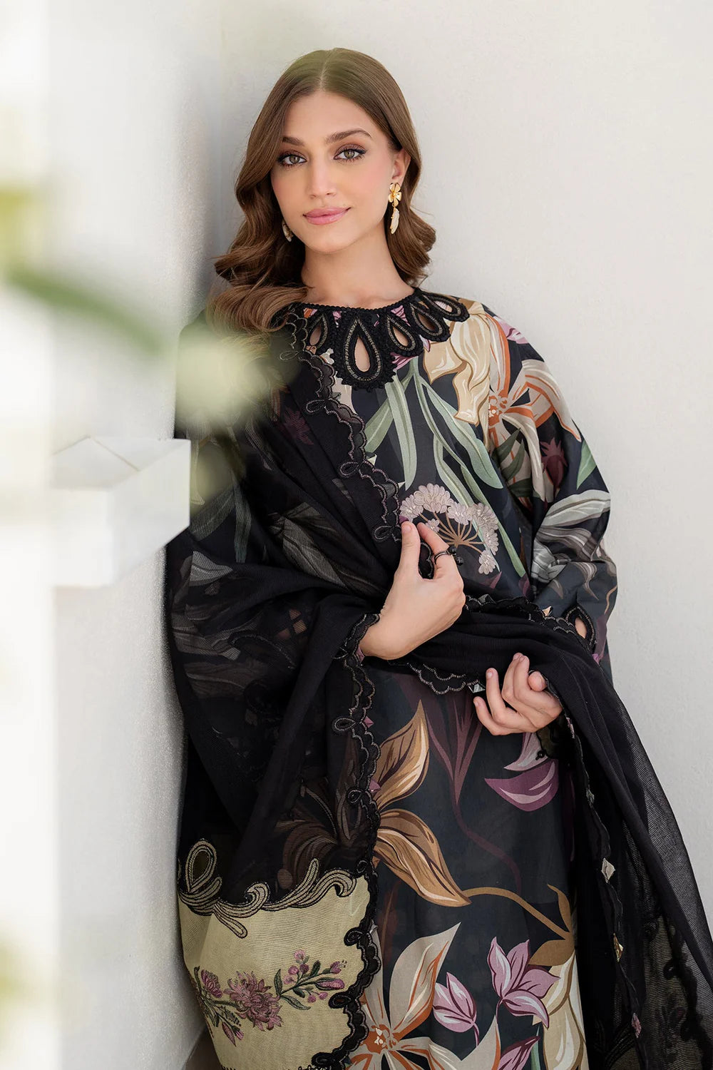 Afraz Premium 3-Piece Unstitched All-Over Printed Black Lawn Dress with Chiffon Dupatta