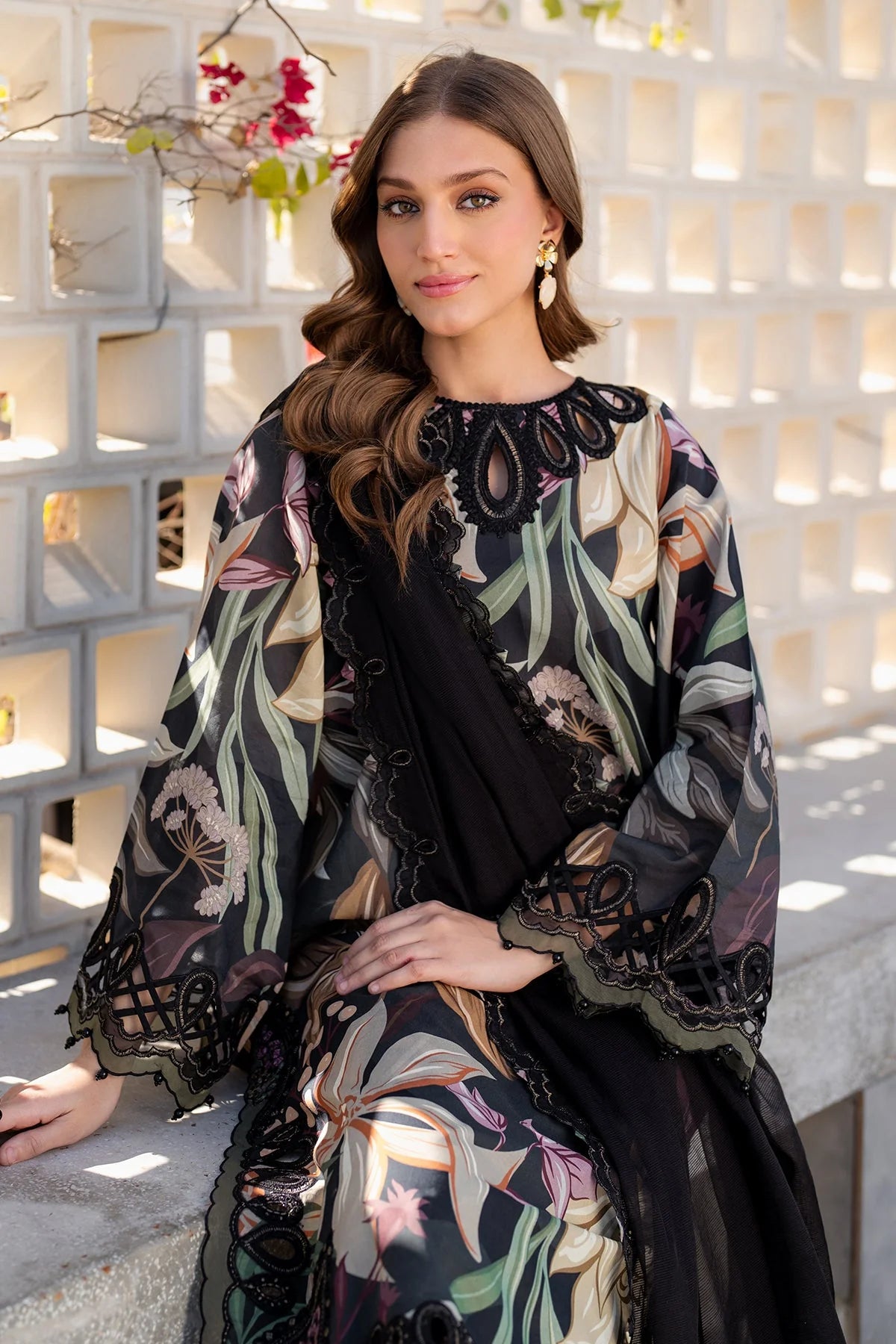 Afraz Premium 3-Piece Unstitched All-Over Printed Black Lawn Dress with Chiffon Dupatta