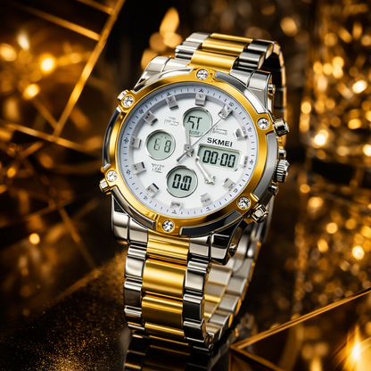 SKMEI 1389 Smart Men’s Digital Analog Watch – Two-Tone Gold & Silver Business Chronograph