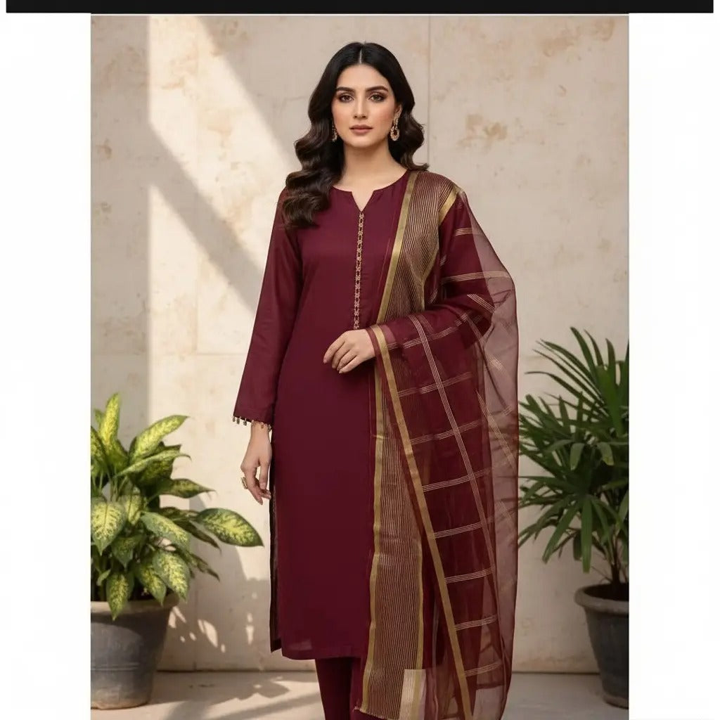 Afraz Premium 3-Piece Unstitched Katan Silk Suit with Luxury Organza Dupatta