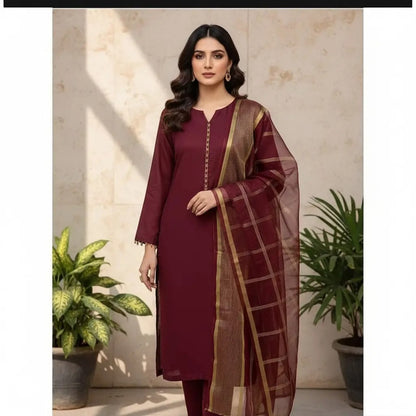 Afraz Premium 3-Piece Unstitched Katan Silk Suit with Luxury Organza Dupatta