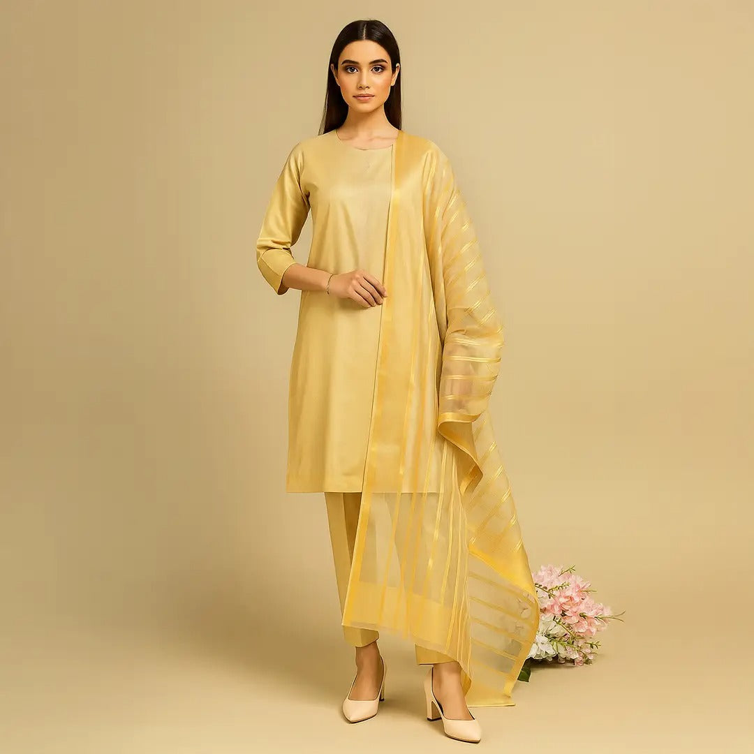 Afraz Premium 3-Piece Unstitched Katan Silk Suit with Luxury Organza Dupatta