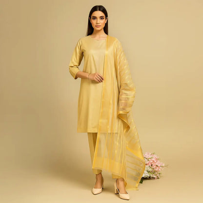 Afraz Premium 3-Piece Unstitched Katan Silk Suit with Luxury Organza Dupatta