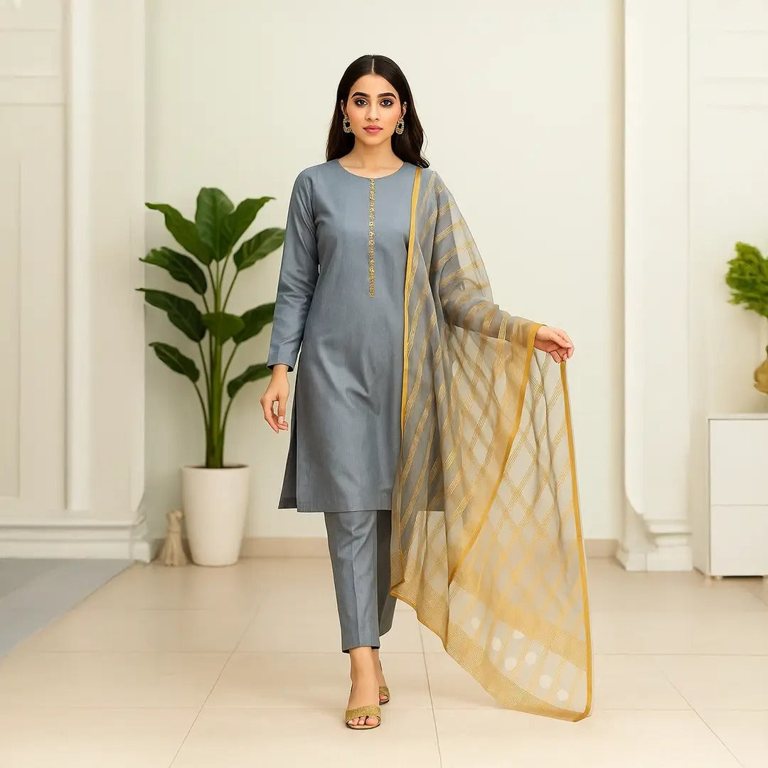 Afraz Premium 3-Piece Unstitched Katan Silk Suit with Luxury Organza Dupatta