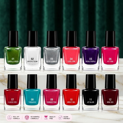 Afraz Pack of 12 Peel-Off Nail Polish Set – Vibrant Colors & Easy Removal Cosmetic Kit