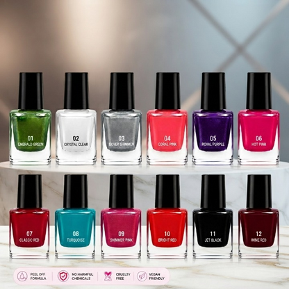 Afraz Pack of 12 Peel-Off Nail Polish Set – Vibrant Colors & Easy Removal Cosmetic Kit
