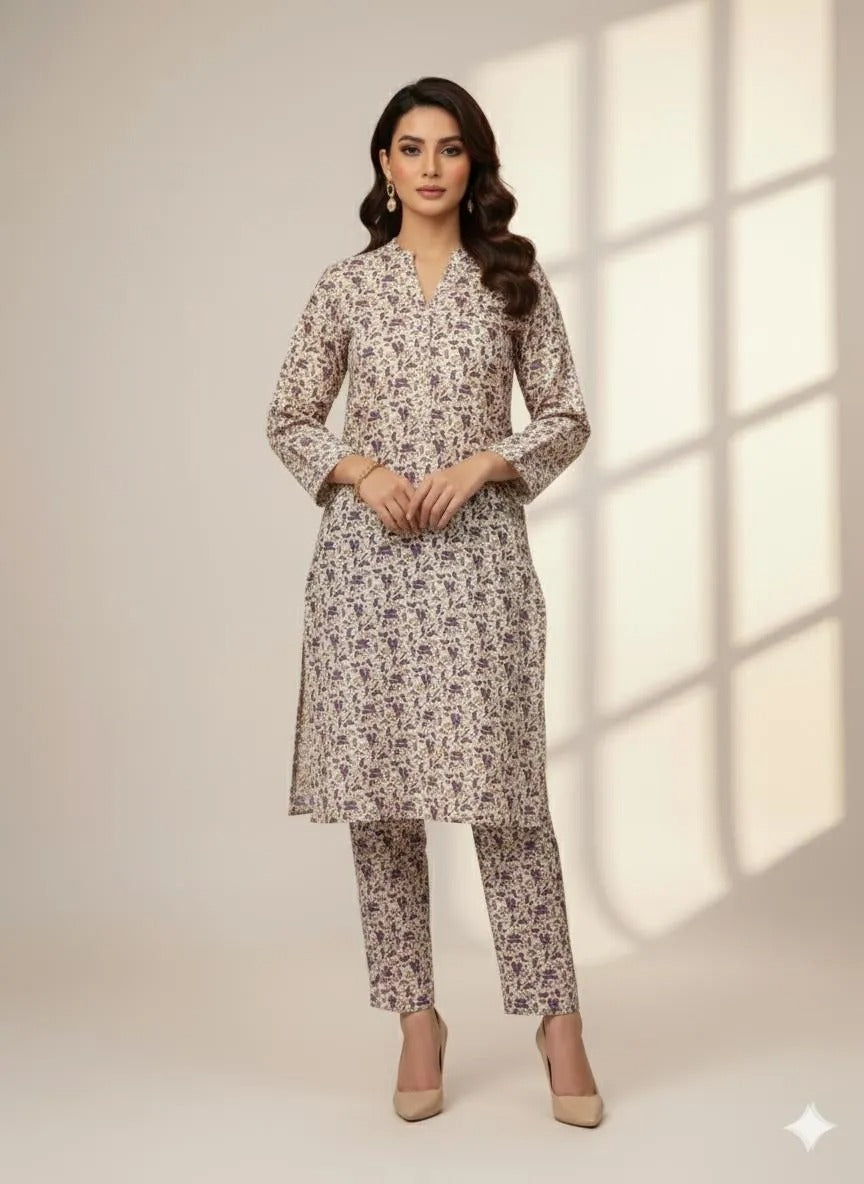 Premium 2-Piece Unstitched Katan Silk Suit – Coordinated Allover Printed Shirt & Trouser