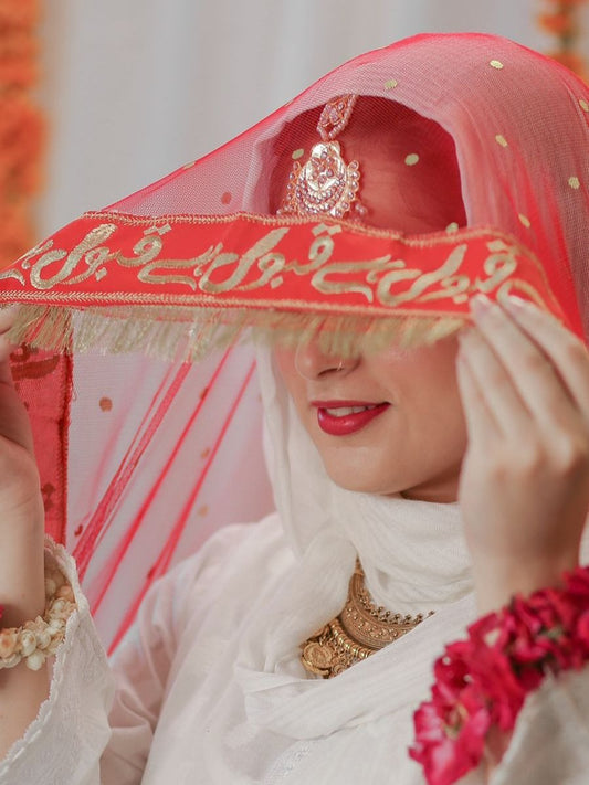 Signature Red Bridal Nikkah Dupatta with Velvet "Qabool Hai" Embroidery & Kiran Lace