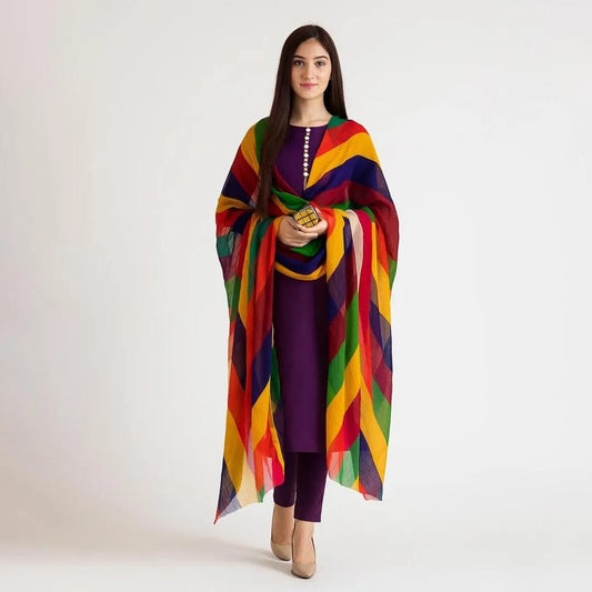 Luxury 3-Piece Unstitched Katan Silk Suit with Multi-Color Organza Chunri Dupatta