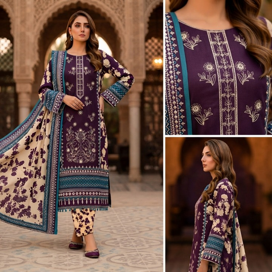 Signature Printed 3-Piece Unstitched Lawn Suit with Matching Dupatta & Trouser