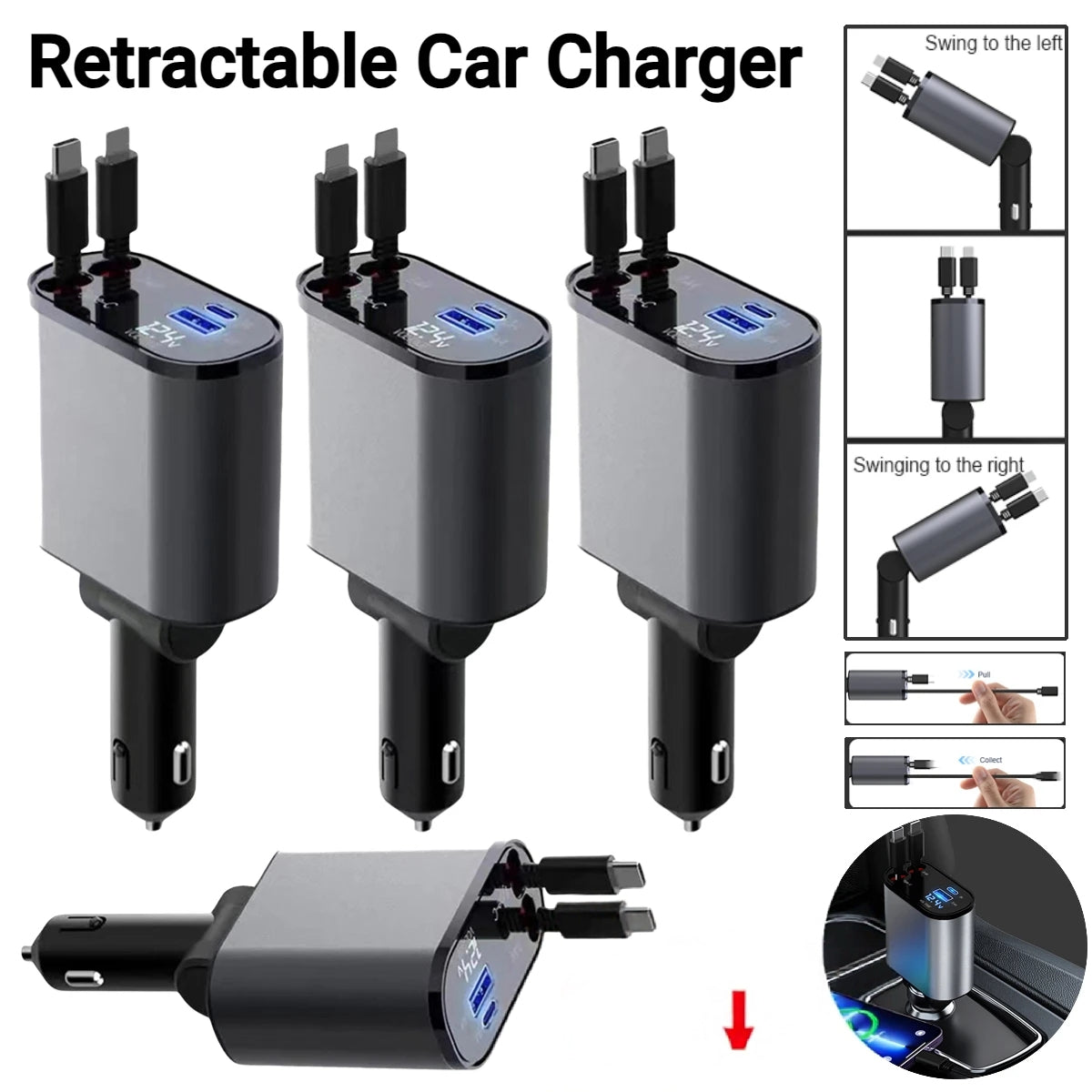 Afraz Smart 120W Retractable 4-in-1 Fast Car Charger for Gadgets