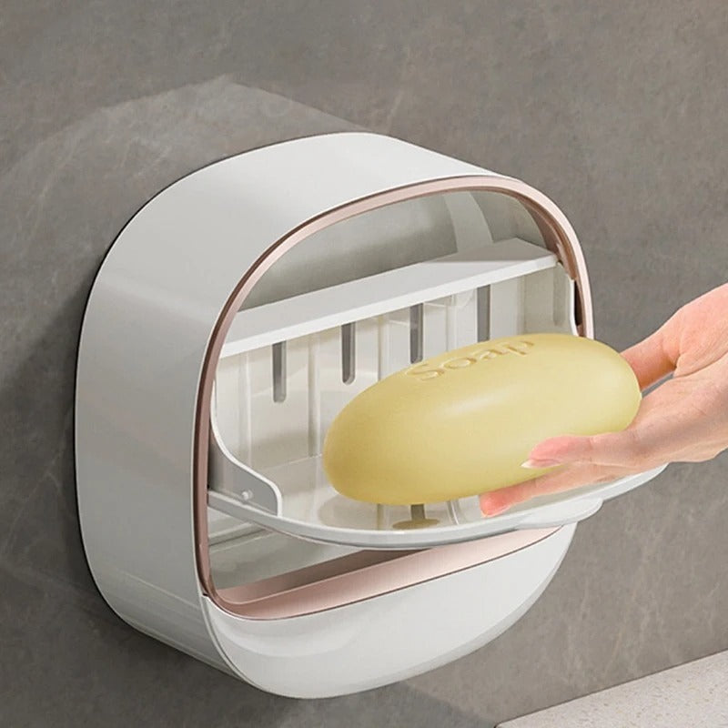 Afraz Wall-Mounted Flip-Cover Soap Holder – Stylish Waterproof & Dustproof Bathroom Soap Dish with Drain Tray